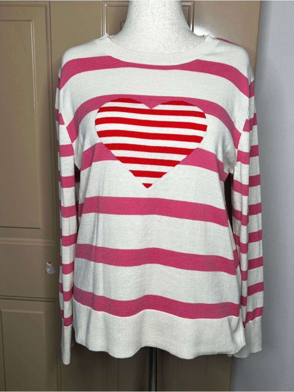 Time and Tru Cream and Pink Striped Knit Sweater with Heart Accent